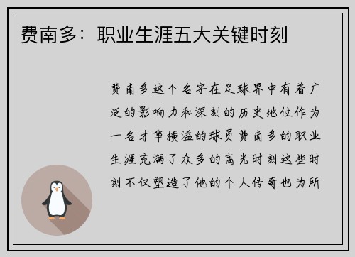 费南多：职业生涯五大关键时刻